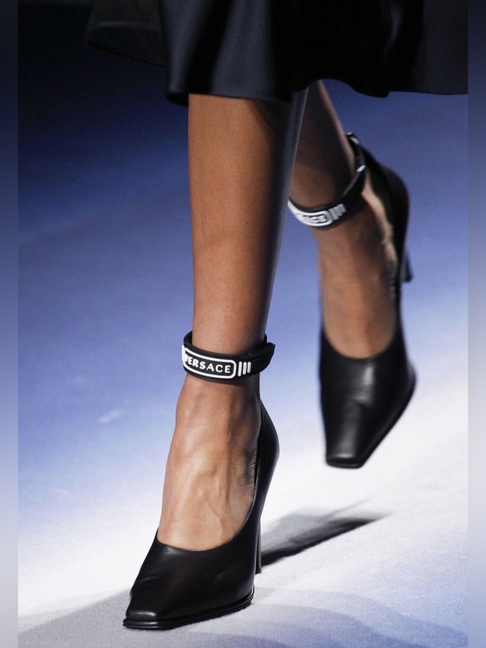 Versace 2017 Runway Black Leather Logo Ankle Strap Square Toe High Heels